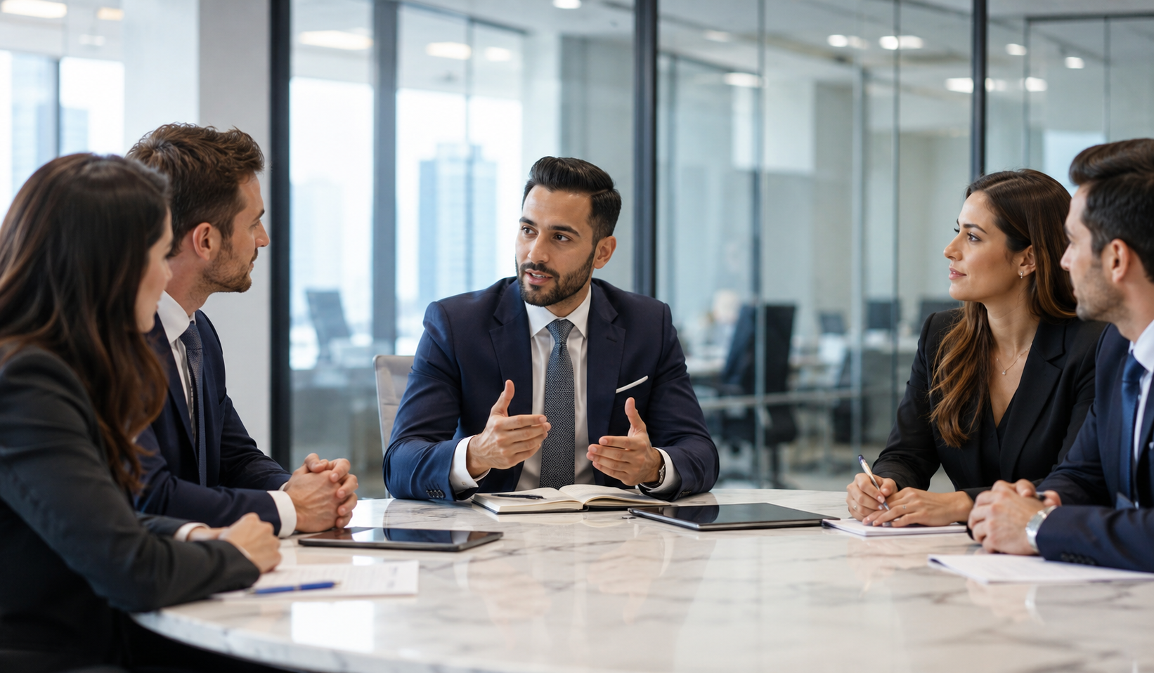 Business leader guiding a professional team during corporate office meeting