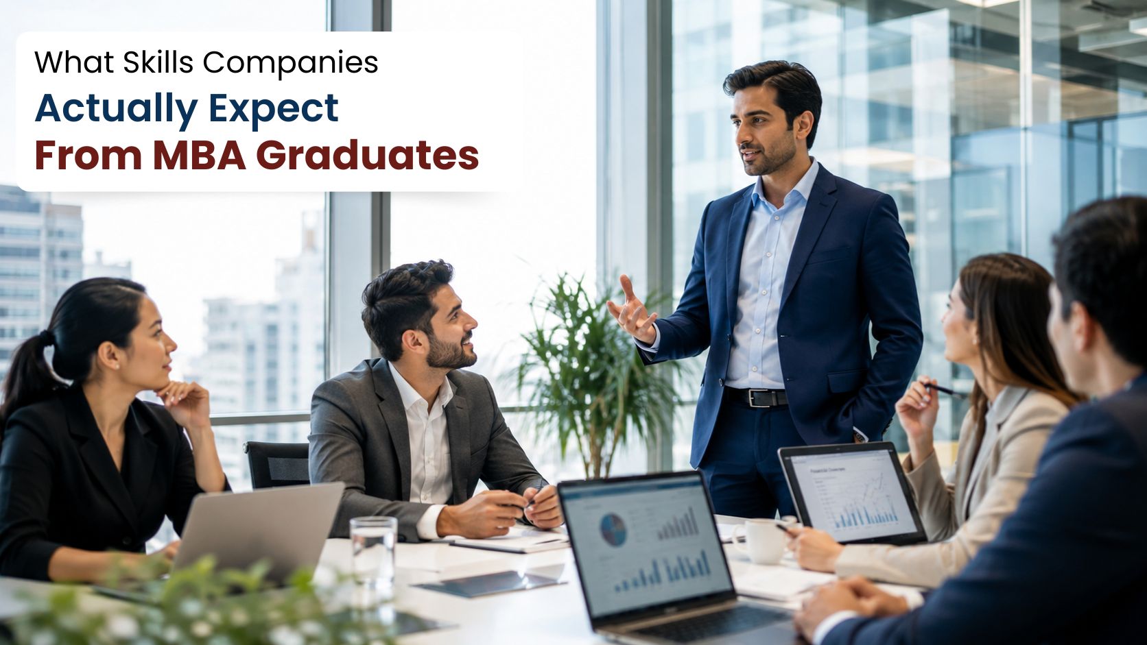 MBA professionals discussing leadership and business strategy in a modern corporate office