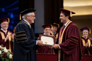 "Recipient receiving an Honorary Doctorate Philosophy during a ceremony" 