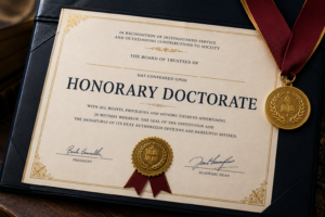 Recipient receiving an Honorary Doctorate during an academic ceremony