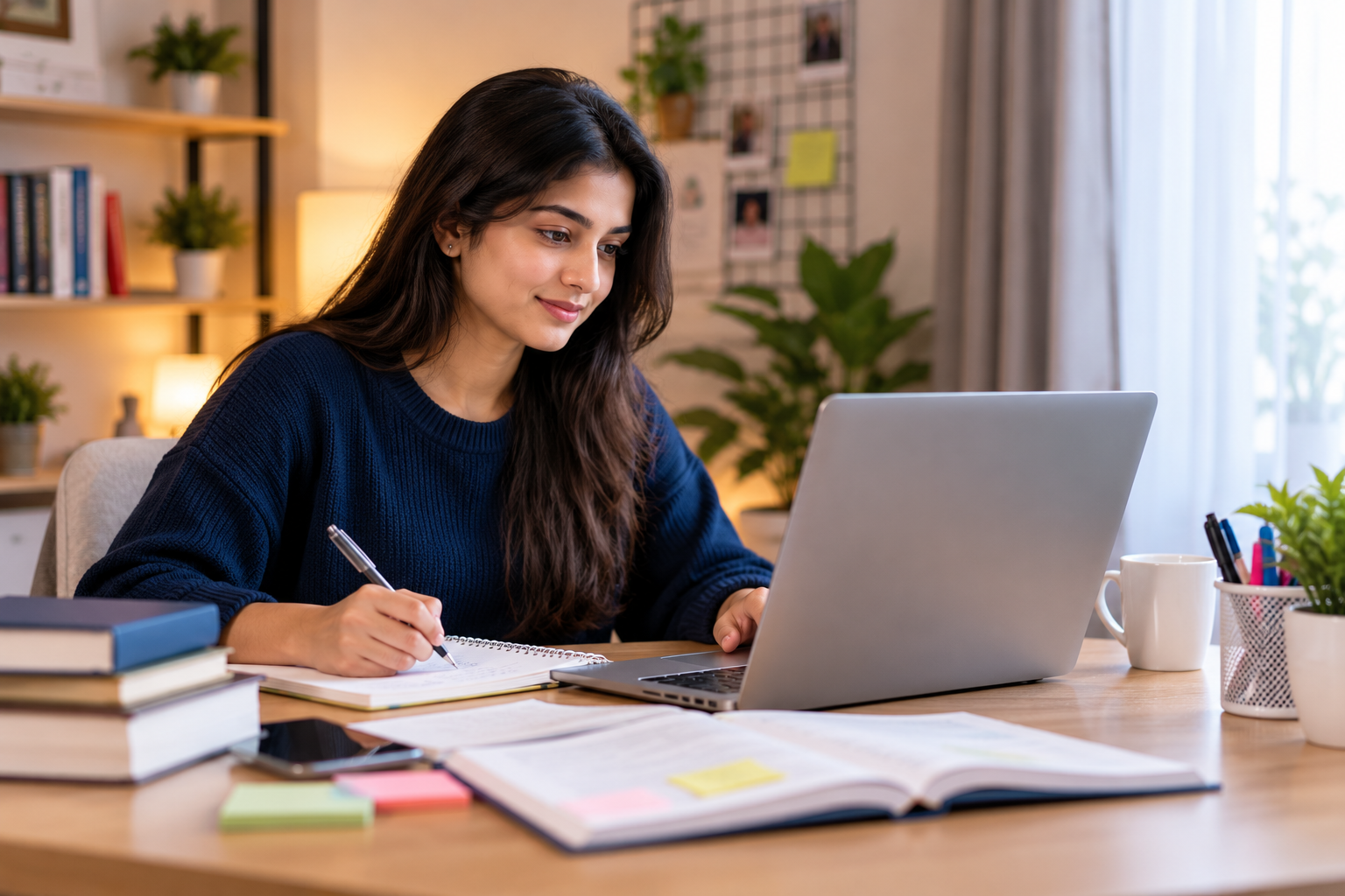Student studying on a laptop at home.