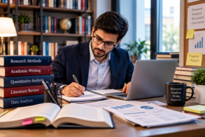 Doctoral researcher writing a thesis