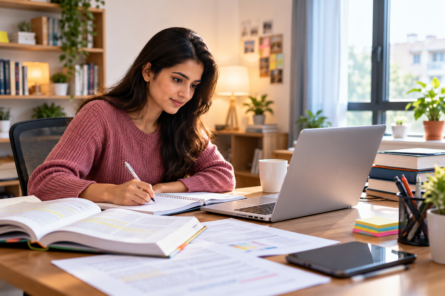 A student studying at a home desk with a laptop and research papers