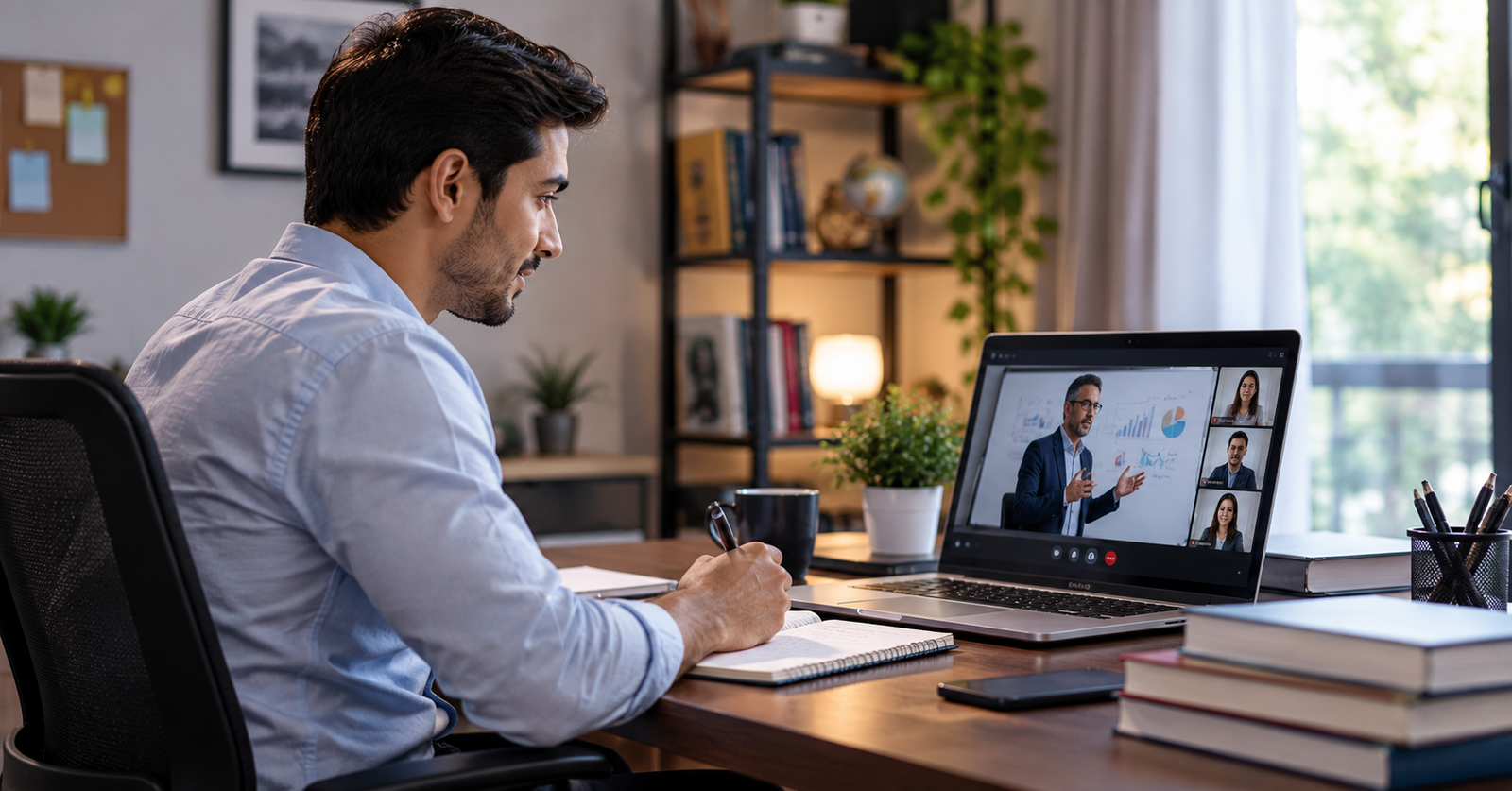 Working professional attending an online MBA class from home