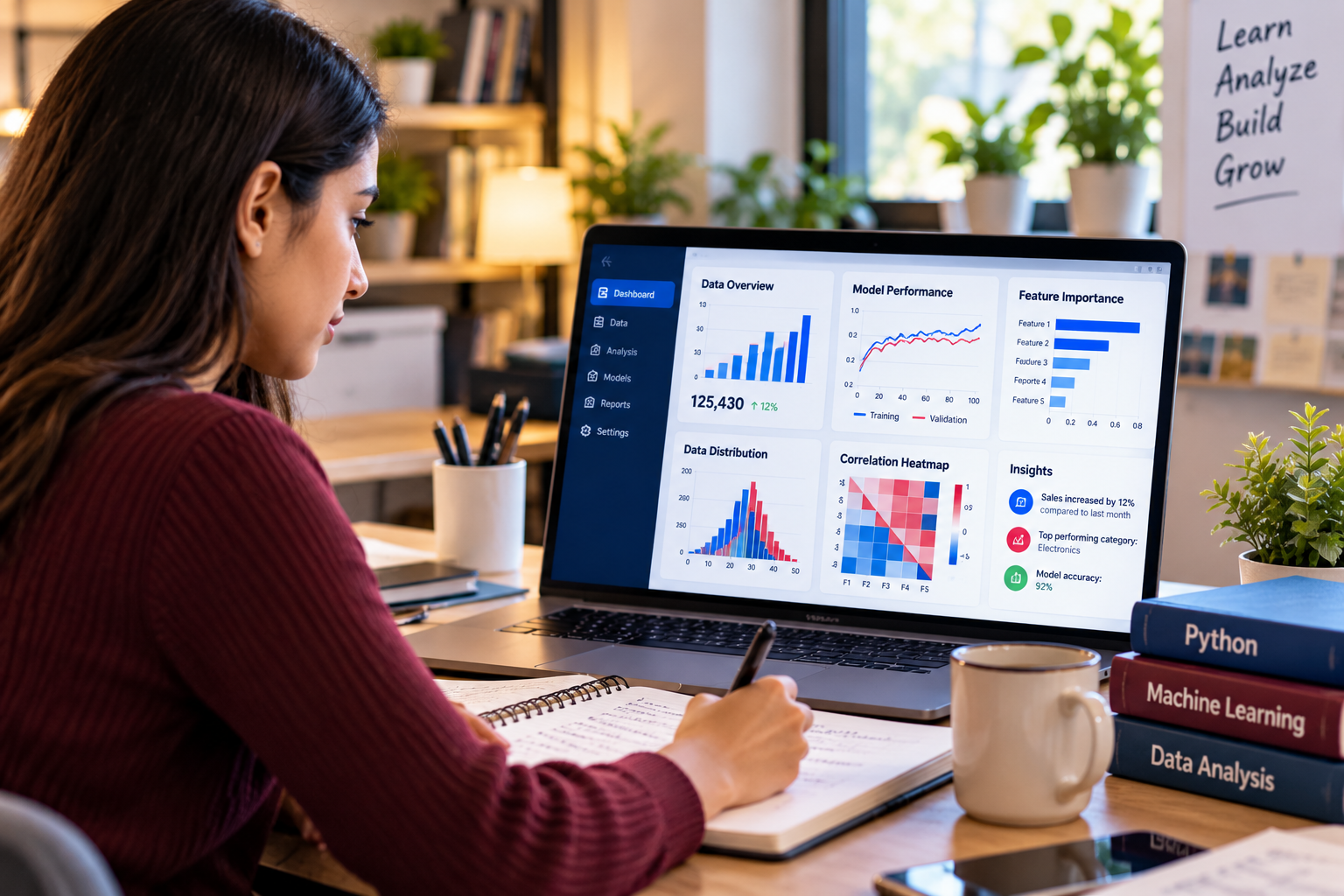 Learner studying with a laptop and analytics dashboard on screen