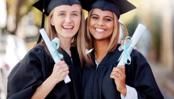 Graduation, degree and portrait of friends together happy for academic success at their university campus. Certificate, achievement and young women students with college diploma or scroll to graduate
